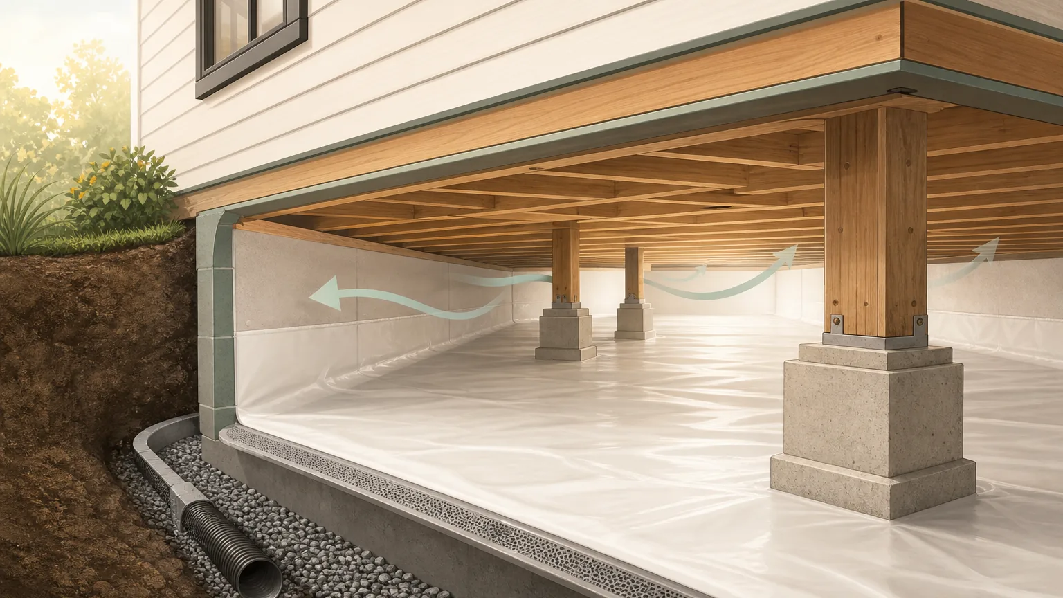 Illustration of a clean crawl space with vapor barrier, drainage, and airflow cues under a home.